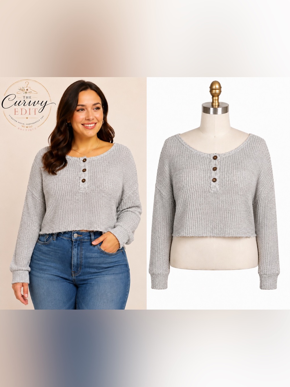 WallFlower XL Cropped Waffle Knit Henley Top Gray Raw Hem Lightweight Coastal